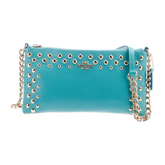 Coach Handbags - 💎 Coach F53140 Leather Turquoise Gold Studded Hardware and Gold Chain Crossbody